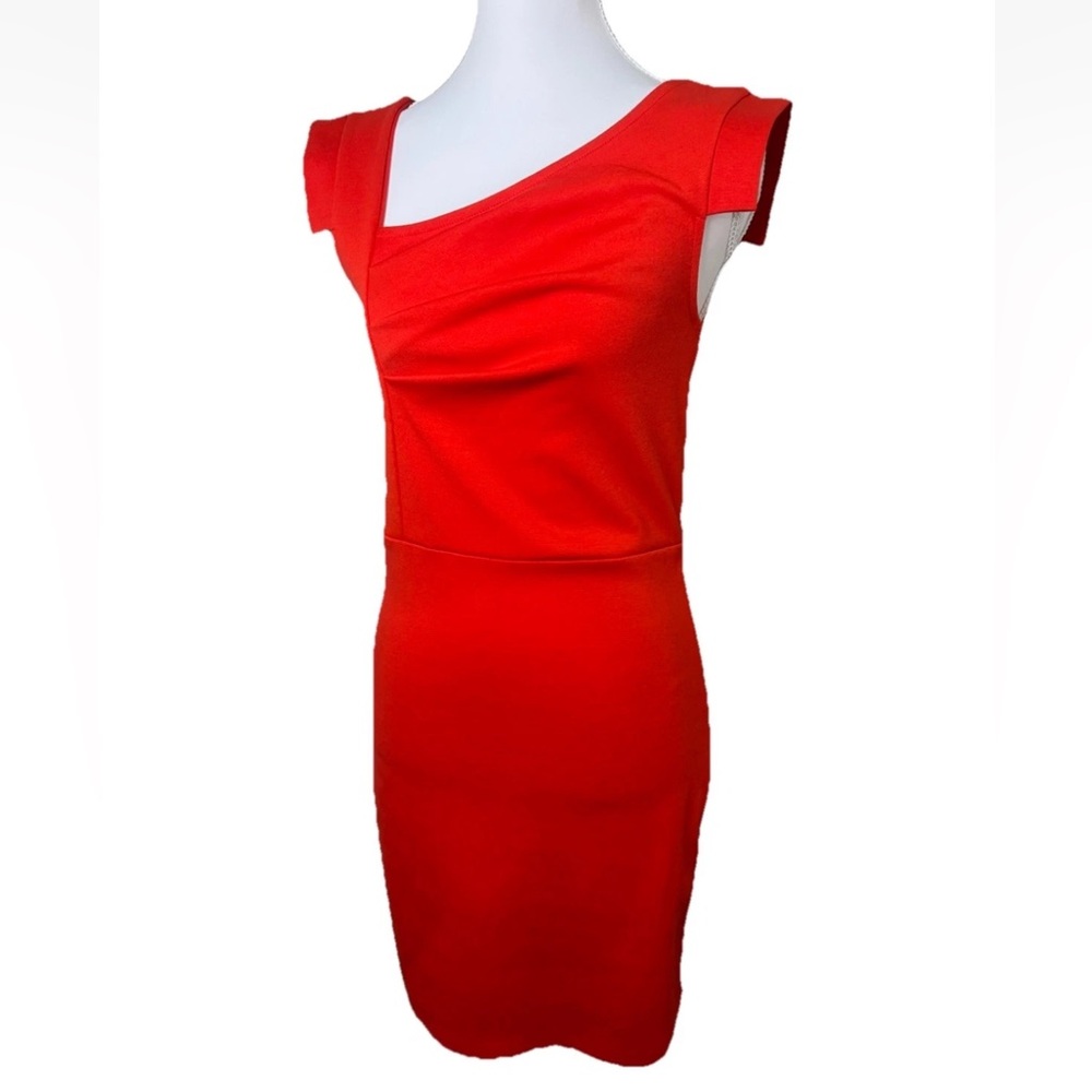 💕bebe red orange Asymmetrical Mini Dress